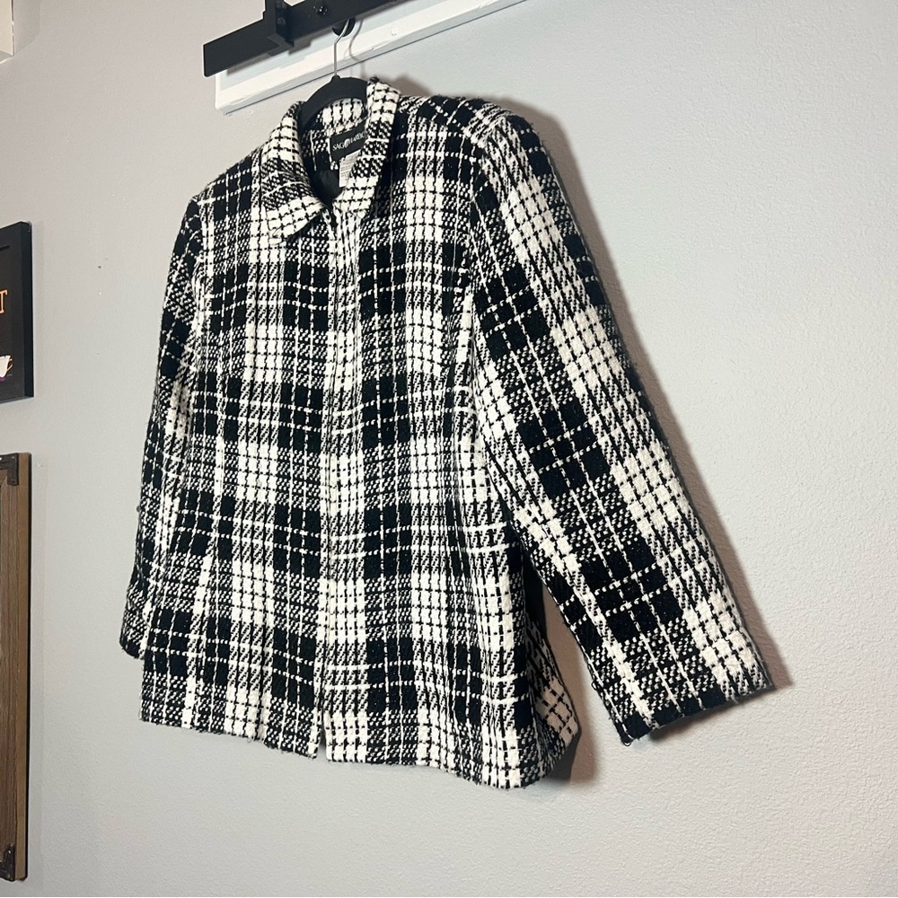 Sag Harbor Black White Plaid Jacket Lined Zip Up Size 16 Fall Holiday Christmas
